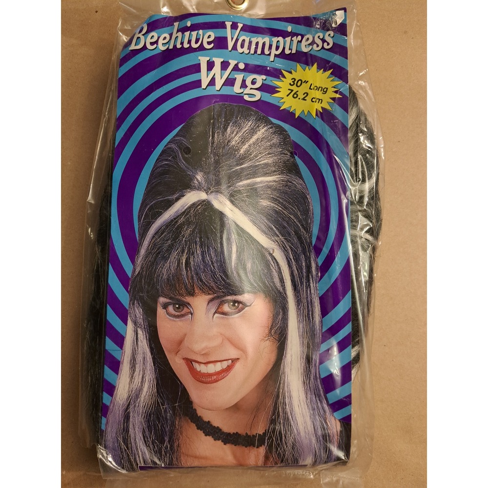 Fun World Beehive Vampiress Wig Black White Streaks 30 Inch Long Costume 8561